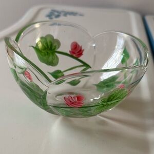 Orrefors Crystal Glass Bowl with Pink and Green Rose Floral Design